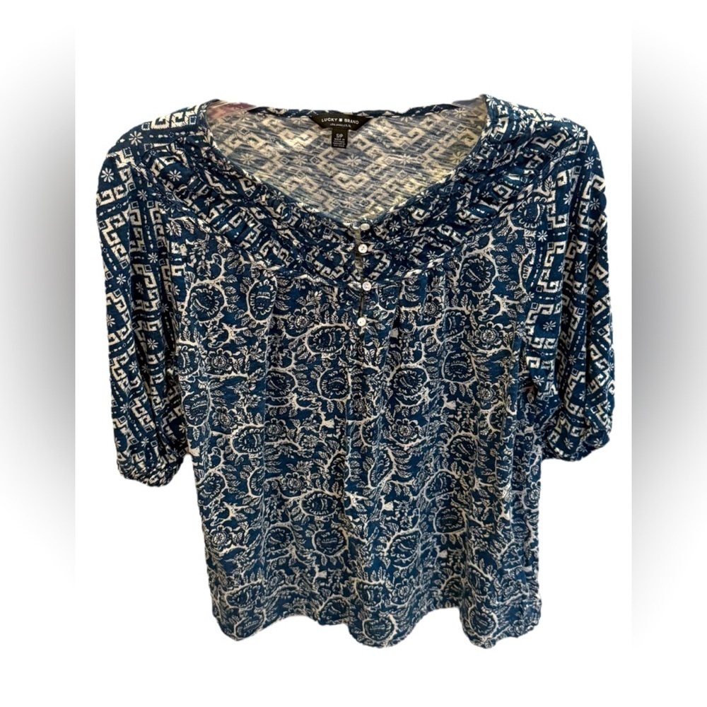 LUCKY BRAND Floral Smocked Crepe Blouse In Navy Multi Size Small